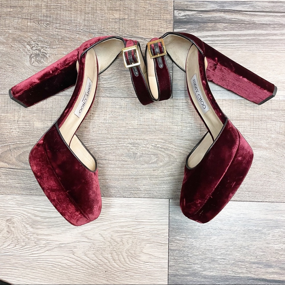 JIMMY CHOO Merlot Red Velvet Platform Heels Sz 9 - Picture 4 of 10